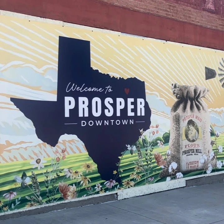 Welcome to Downtown Prosper, TX mural with Texas-shaped artwork